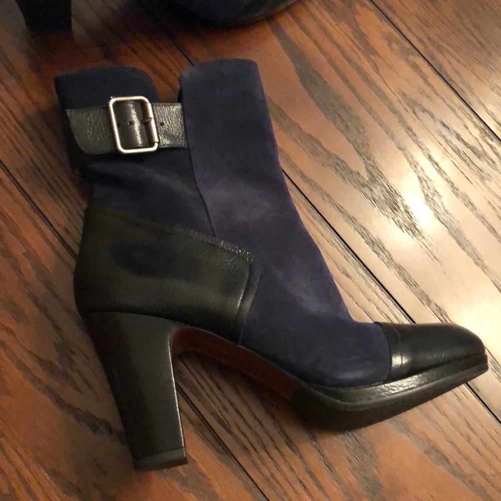 Chie Mihara navy suede and black leather boots
